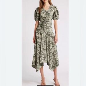 37. Moon River Front Ruffle Asymmetrical Floral Green Midi Dress